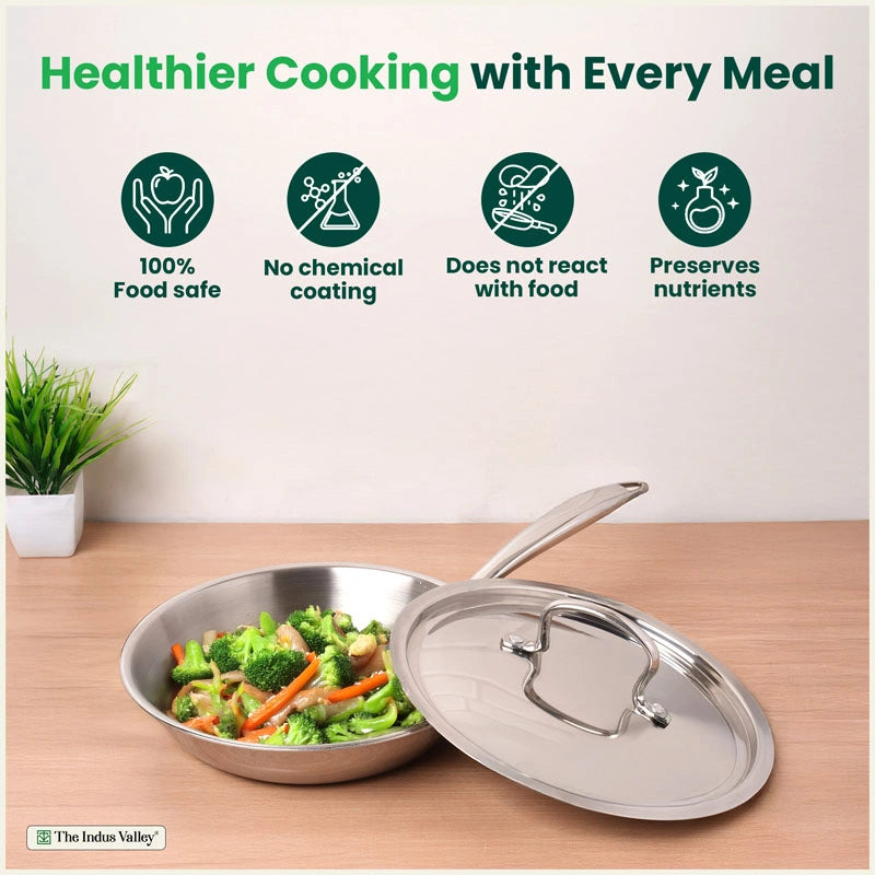 Premium Quality Tri-ply Stainless Steel Fry Pan with Lid 1/1.5 L, 3 Layer Thick Body, 100% Toxin-free, Non-stick, Induction & Gas