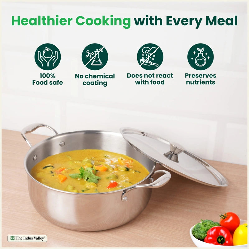 Premium Quality Tri-ply Stainless Steel Short Biryani Pot/Casserole/Stock Pot with Steel Lid 2.5L / 4.0L / 6.5L, 100% Toxin-free, Wide Base, 3 Layer Thick Body, Non-stick, Induction & Gas