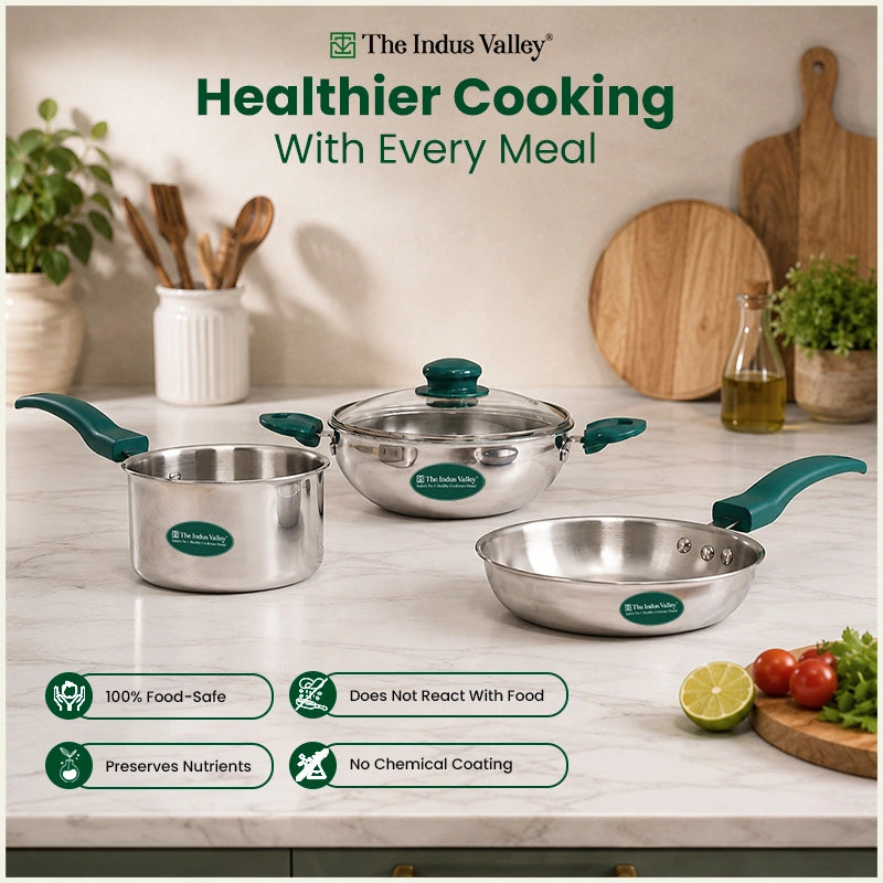 Premium Tri-ply Cookware Set: Kadai with Glass Lid(20cm)+Saucepan(14cm)+ Frypan(18cm)with Glass Lid, Tri-ply (3 Layer) Bottom, Induction & Gas
