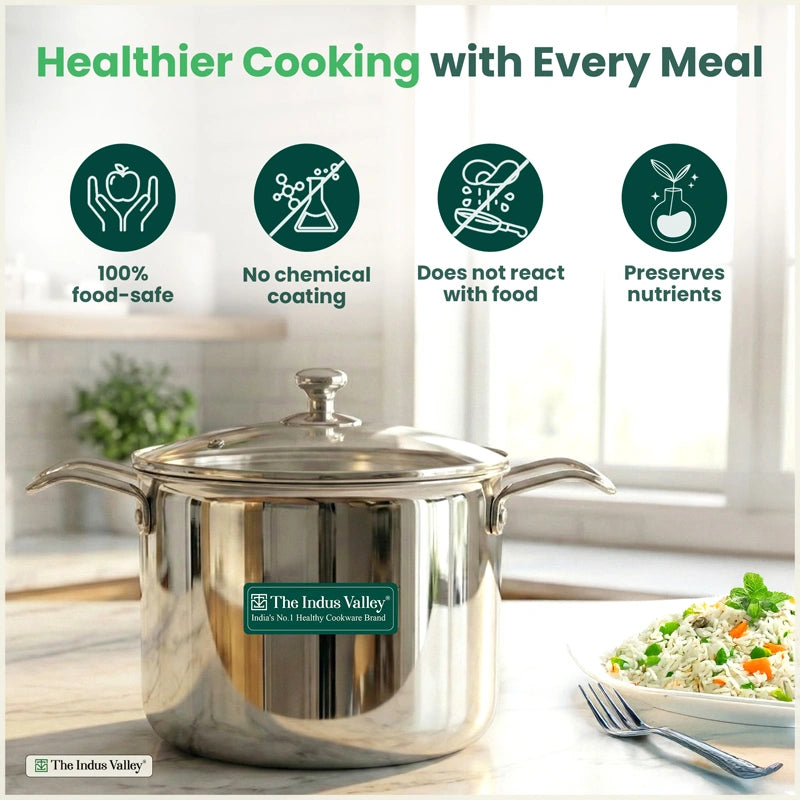 6L TurboCuk Tri-ply Stainless Steel Tall Biryani Pot/Casserole+ Glass Lid, Premium Quality, 3 Layer Thick Body, 100% Toxin-free, Non-stick, Induction & Gas