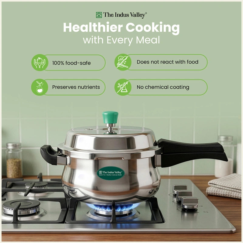 Tri-Ply Stainless Steel Outer Lid Handi Pressure Cooker 1.5L/3L /5.5L, 100% Food-Safe, 3 Layer Thick Body, Heavy Bottom, 5 Yr Warranty, Induction & Gas
