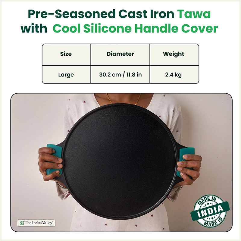 CASTrong Cast Iron Double Handle Tawa 30.2 cm with Silicon Handle, Pre-seasoned, Naturally Nonstick, 100% Pure, Toxin-free, Dosa Tawa for Kitchen Use 2.4 kg, Induction and Gas