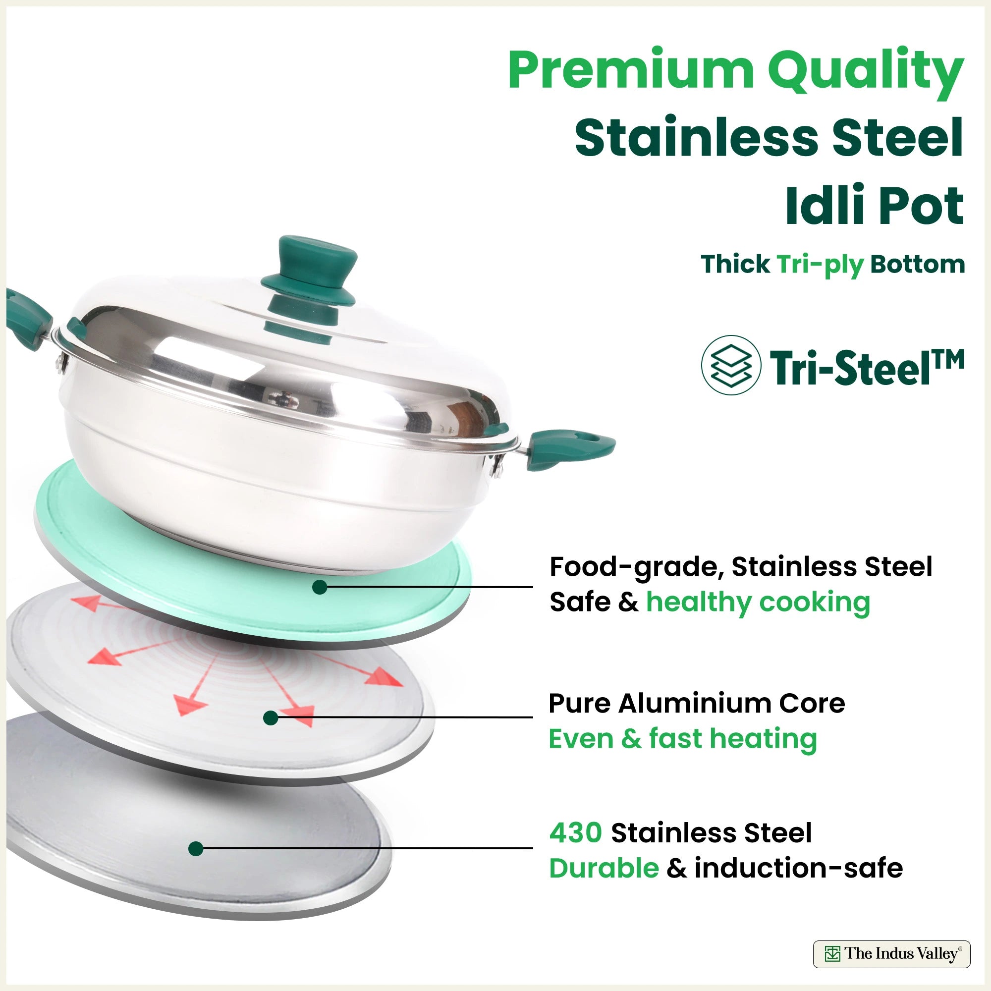 14 Pit Tri-Steel Multi Pot Premium Stainless Steel 27cm Idli/ Momo Maker/ Veg Steaming Set, Tri-ply Induction Bottom, 2 Plates