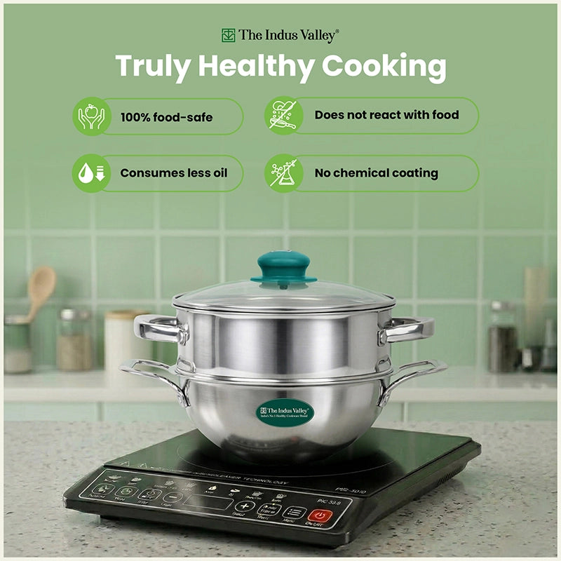 Triply Stainless Steel Deep Kadai & Steamer with Glass Lid -20cm Premium Quality, 3 Layer Thick Body, 100% Toxin-free, Non-stick, Induction & Gas