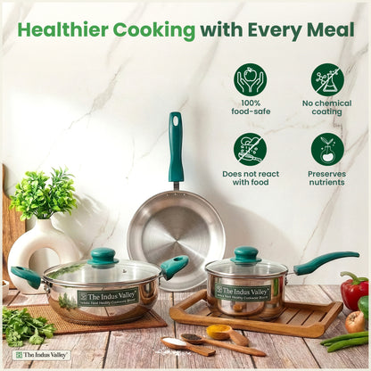 Premium Stainless Steel Impact Bonded Cookware Set: Kadai with Glass Lid(22cm)+Saucepan(16cm)+ Frypan(22cm)with Glass Lid, Premium Quality, Tri-ply (3 Layer) Bottom, Soft-touch Handles, 100% Toxin-free, Non-stick, Induction & Gas