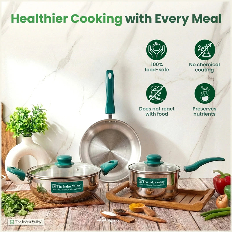 Premium Stainless Steel Impact Bonded Cookware Set: Kadai with Glass Lid(22cm)+Saucepan(16cm)+ Frypan(22cm)with Glass Lid, Tri-ply (3 Layer) Bottom, Induction & Gas