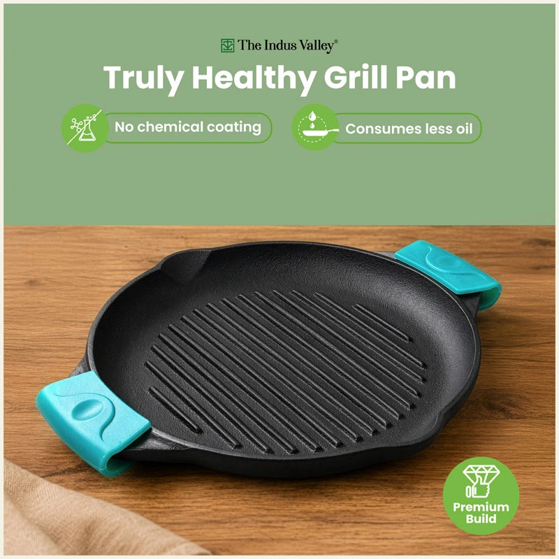 CASTrong Cast Iron Round Double Handle Grill Pan 22cm with Silicone Grip, Pre-seasoned, 100% Pure, Toxin-free, Induction & Gas Compatible