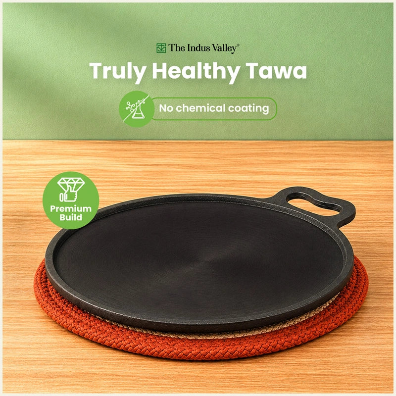CASTrong Cast Iron Dosa Tawa 26.8 cm+ Wooden Flipper, Pre-seasoned, 100% Pure, Toxin-free, Induction & Gas Compatible
