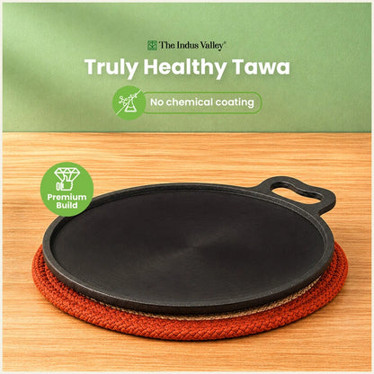 CASTrong Cast Iron Dosa Tawa 26.8 cm+ Wooden Flipper, Pre-seasoned, 100% Pure, Toxin-free, Induction & Gas Compatible