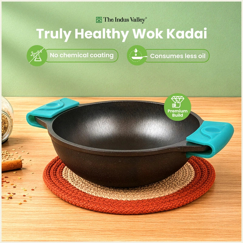 Super Smooth CASTrong Cast Iron Kadai / Wok 18.3cm & 20.7cm with Silicone Grip, Naturally Non-stick, Premium Quality, 100% Pure, Toxin-free