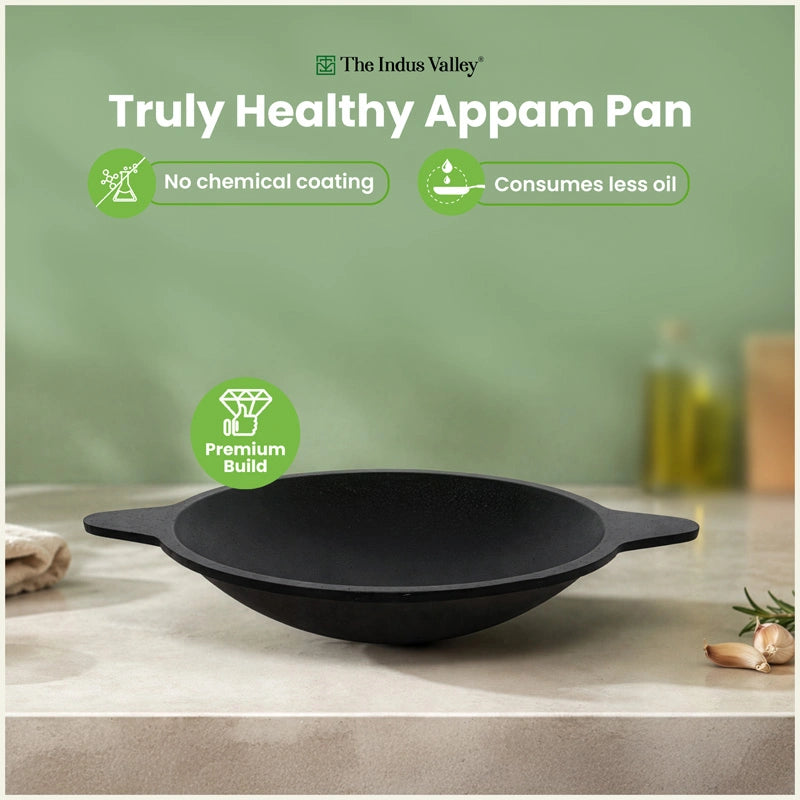 Premium CASTrong Cast Iron Appam Pan 21.6cm, Pre-seasoned, Naturally Nonstick, 100% Pure, Toxin-free, Induction & Gas Compatible
