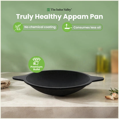 Premium CASTrong Cast Iron Appam Pan 21.6cm, Pre-seasoned, Naturally Nonstick, 100% Pure, Toxin-free, Induction & Gas Compatible