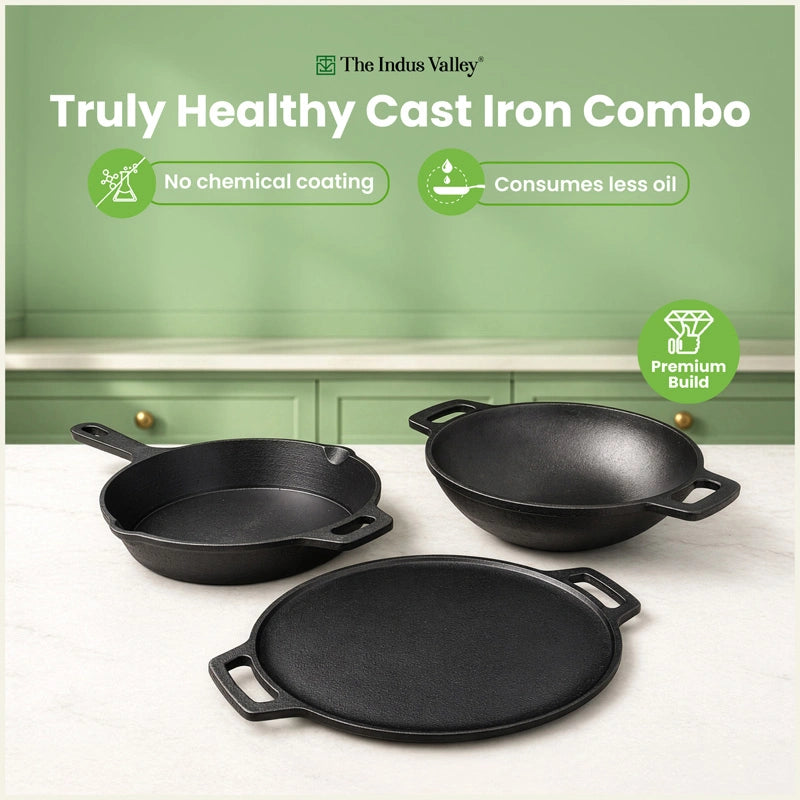 Super Smooth Cast Iron Cookware Set: (30cm)Tawa+ (26cm)Kadai+ (24.8cm)Fry Pan, Kitchen Set for Home, Pre-seasoned, 100% Pure, Toxin-free, Free ₹400 Tadka Pan