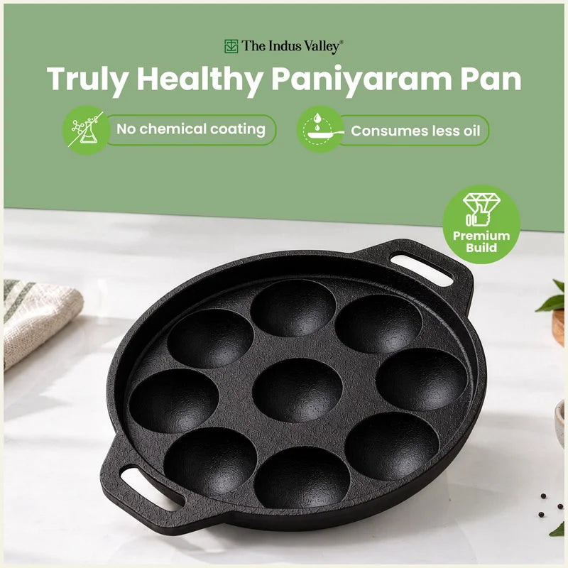 Super Smooth 21 cm 9 Pit/Cup Cast Iron Paniyaram/Appe Pan, Pre-seasoned, Natural Nonstick, 100% Pure, Toxin-free,21 cm, 1.53 kg