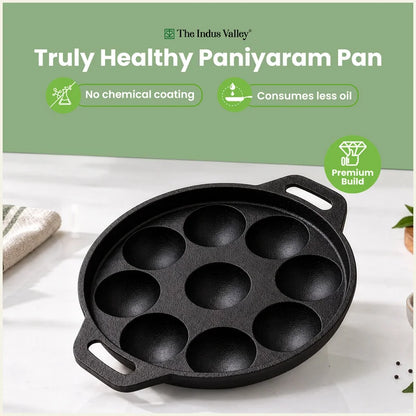 Super Smooth 21 cm 9 Pit/Cup Cast Iron Paniyaram/Appe Pan, Pre-seasoned, Natural Nonstick, 100% Pure, Toxin-free,21 cm, 1.53 kg