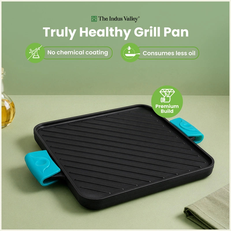 CASTrong Cast Iron Square Griddle / Grill Pan 10.5 Inch with Silicone Grip, Pre-seasoned, 100% Pure, Toxin-free, Induction Compatible