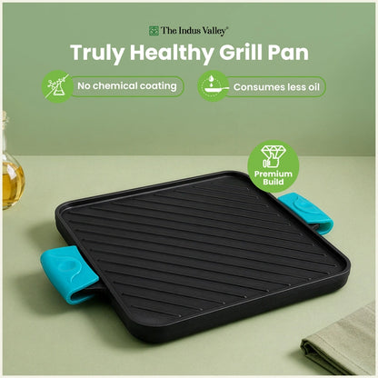 CASTrong Cast Iron Square Griddle / Grill Pan 10.5 Inch with Silicone Grip, Pre-seasoned, 100% Pure, Toxin-free, Induction Compatible