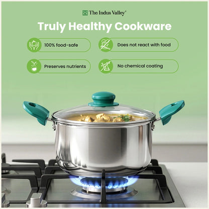 Premium Stainless Steel Impact Bonded Casserole with Glass Lid | 3-Layer Bottom | Induction & Gas Compatible | 20cm / 24cm