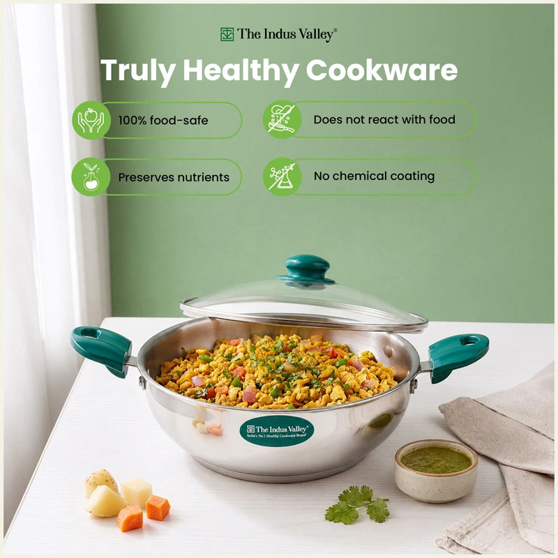 Premium Stainless Steel Impact Bonded Kadai with Glass Lid | 3-Layer Bottom | Induction & Gas Compatible | 22cm / 24cm / 26cm