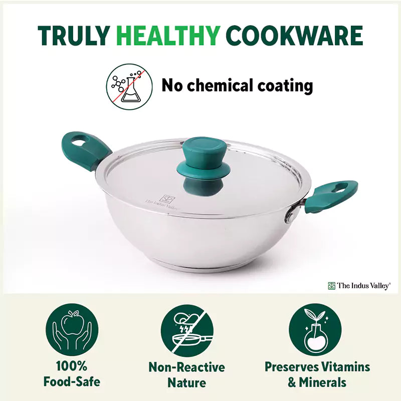 Tri-Steel Stainless Steel Cookware Set: Kadai with Lid(22cm)+ Tea/Milk Pan with Lid(16cm)+ Fry Pan(22cm), Premium Quality, Tri-ply (3 Layer Bottom), Soft-touch Handles, 100% Toxin-free, Non-stick, Induction & Gas