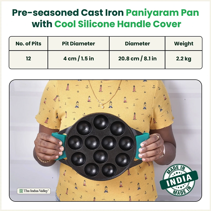 12 Pit/Cup CASTrong Cast Iron Paniyaram/Appe Pan 20.8 cm, Pre-seasoned, with Double Handle Silicone Grip,Toxin-free 2.2 kg, Induction & Gas