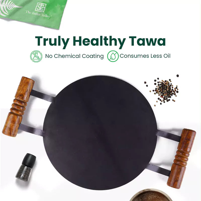 100% Pure Round Iron Tawa With Wooden Handle 11/12 In, Toxin-free Sheet Iron, Pre-Seasoned, Induction & Gas