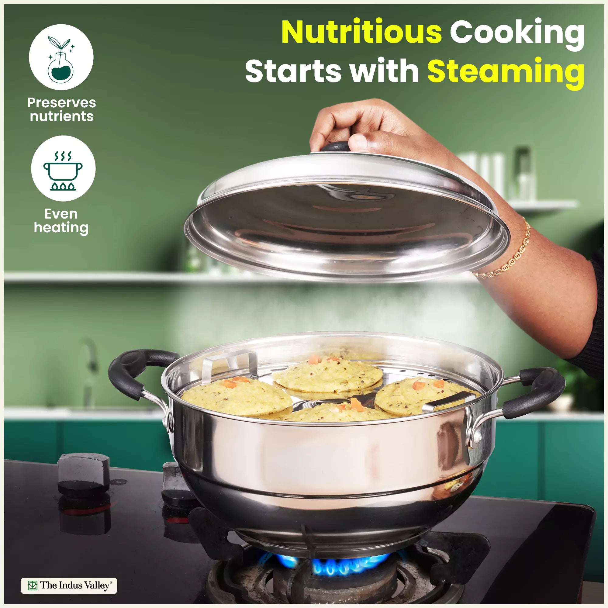 8 Pit Tri-Steel Multi Pot 3L Premium Stainless Steel Idli/ Dhokla/ Momo Maker/ Veg Steaming Set, Tri-ply Induction Bottom, 5 Plates