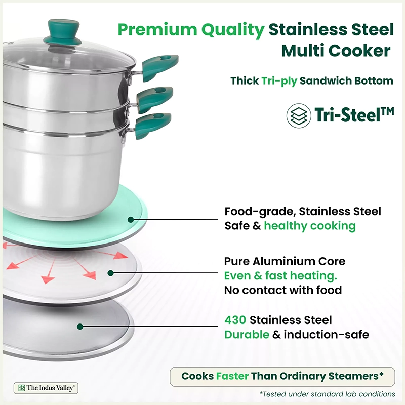 Tri-steel Multi Cooker Pot 21 cm Premium Stainless Steel Momo Maker/ Idiyappam/ Biryani/ Veg Steaming Set 3 Pots, Induction & Gas