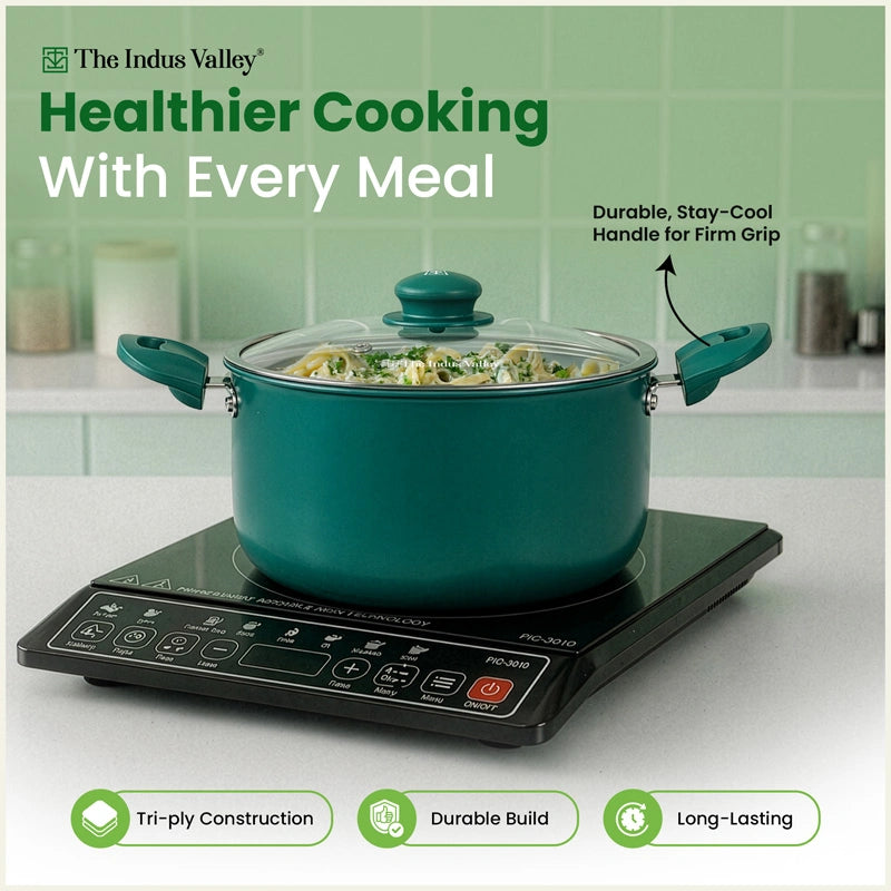 Tri-ply Ceramic Tall Casserole with Glass Lid -24cm, Ceramic Coating, 100% Toxin-Free, PFOA & PFAS Free, Non-Stick, Induction & Gas Compatible