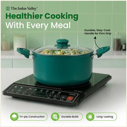 Tri-ply Ceramic Tall Casserole with Glass Lid -24cm, Ceramic Coating, 100% Toxin-Free, PFOA & PFAS Free, Non-Stick, Induction & Gas Compatible