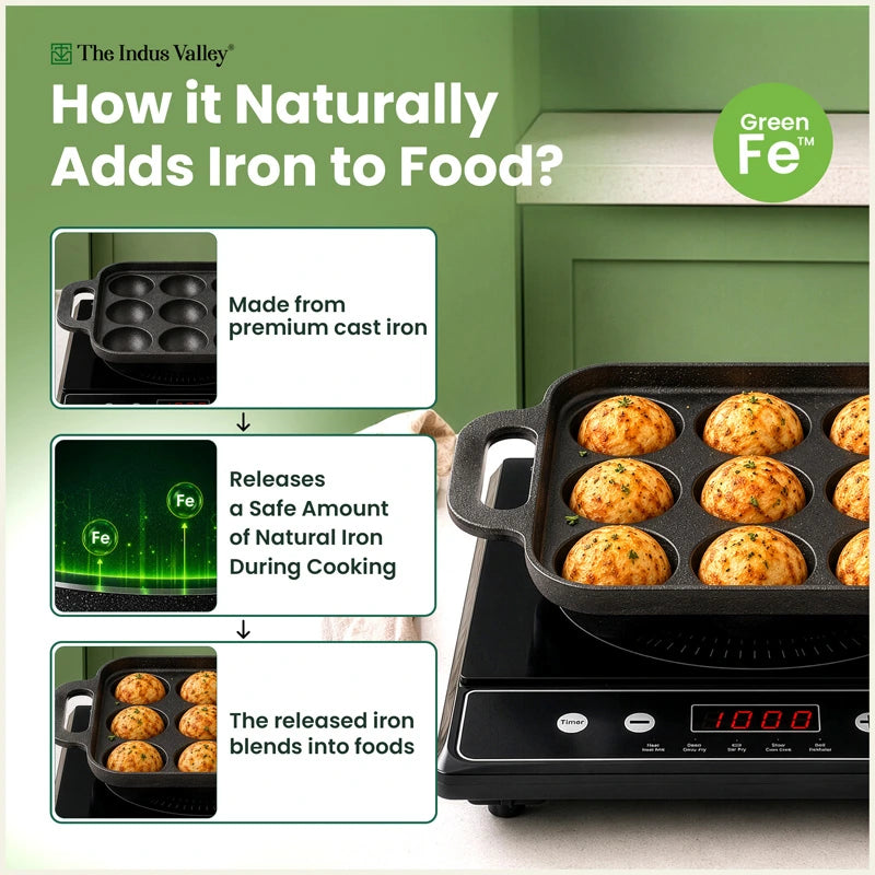CASTrong Cast Iron Square Paniyaram Pan 9 Pit, Pre-seasoned, Naturally Nonstick, 100% Pure, Toxin-free, 1.67kg