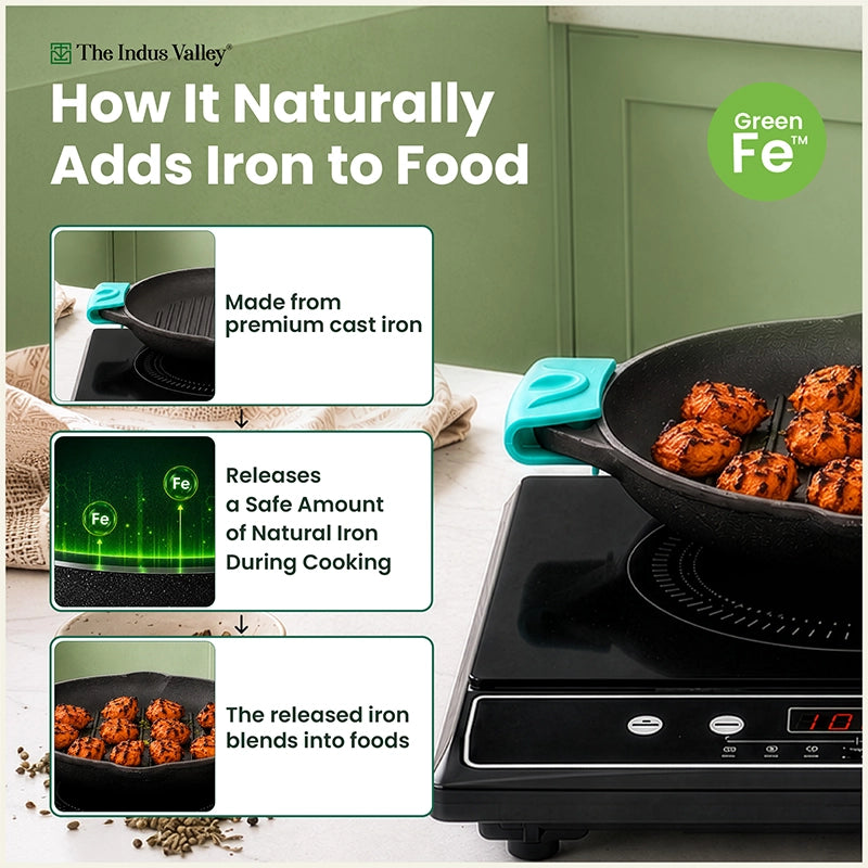 CASTrong Cast Iron Round Double Handle Grill Pan 22cm with Silicone Grip, Pre-seasoned, 100% Pure, Toxin-free, Induction & Gas Compatible
