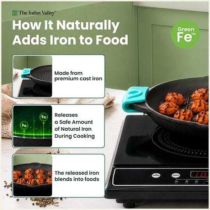 CASTrong Cast Iron Round Double Handle Grill Pan 22cm with Silicone Grip, Pre-seasoned, 100% Pure, Toxin-free, Induction & Gas Compatible