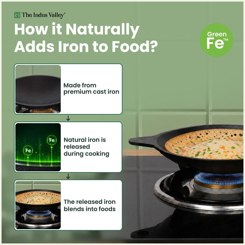 Premium CASTrong Cast Iron Appam Pan 21.6cm, Pre-seasoned, Naturally Nonstick, 100% Pure, Toxin-free, Induction & Gas Compatible
