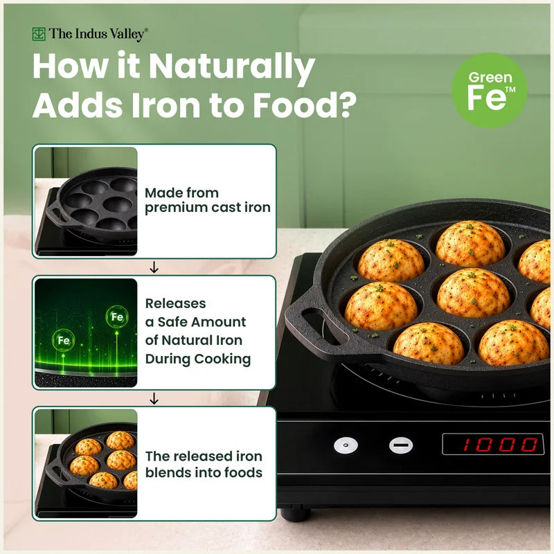 Super Smooth 21 cm 9 Pit/Cup Cast Iron Paniyaram/Appe Pan, Pre-seasoned, Natural Nonstick, 100% Pure, Toxin-free,21 cm, 1.53 kg