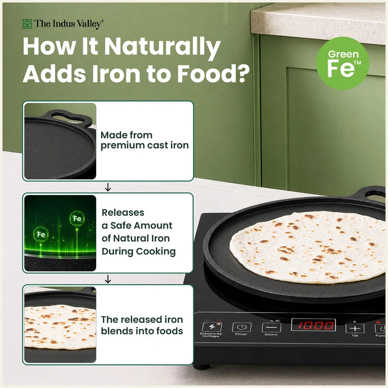 CASTrong Cast Iron Dosa Tawa 26.8 cm+ Wooden Flipper, Pre-seasoned, 100% Pure, Toxin-free, Induction & Gas Compatible