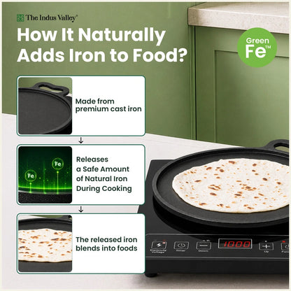 CASTrong Cast Iron Dosa Tawa 26.8 cm+ Wooden Flipper, Pre-seasoned, 100% Pure, Toxin-free, Induction & Gas Compatible