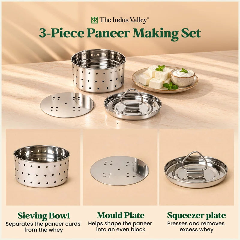 Premium Stainless Steel Paneer Maker 410ml/550ml, 100% Rust Free, Food Grade, Toxin-Free, Easy Homemade Paneer Making, 3-Piece Set