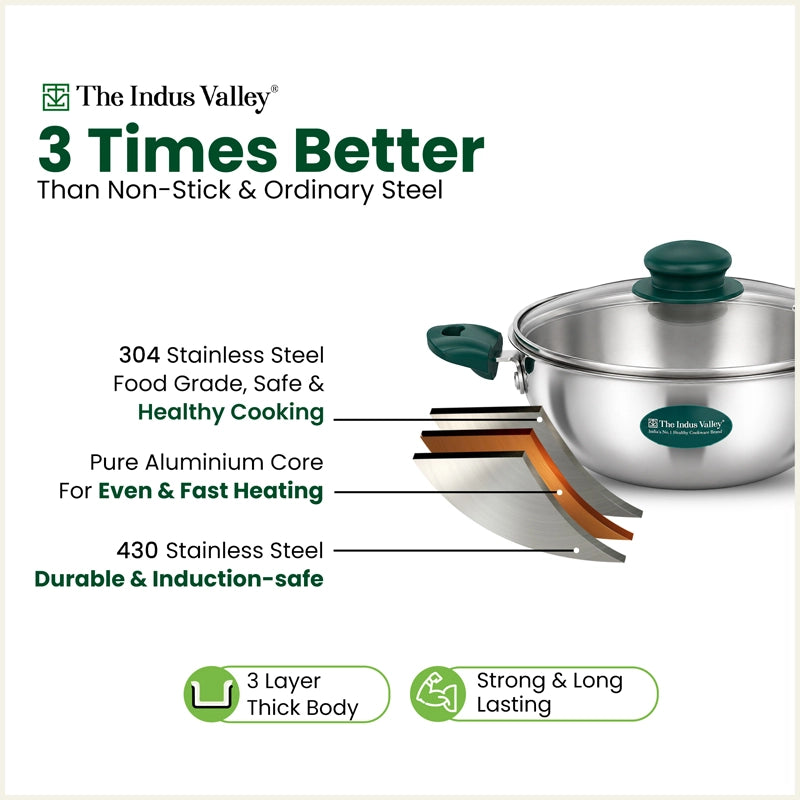 Premium Tri-ply Cookware Set: Kadai with Glass Lid(20cm)+Saucepan(14cm)+ Frypan(18cm)with Glass Lid, Tri-ply (3 Layer) Bottom, Induction & Gas