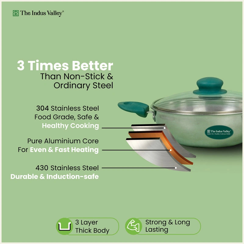 Premium Tri-ply Cookware Set: Kadai with Glass Lid(20cm)+Saucepan(14cm)+ Frypan(18cm)with Glass Lid, Tri-ply (3 Layer) Bottom, Induction & Gas