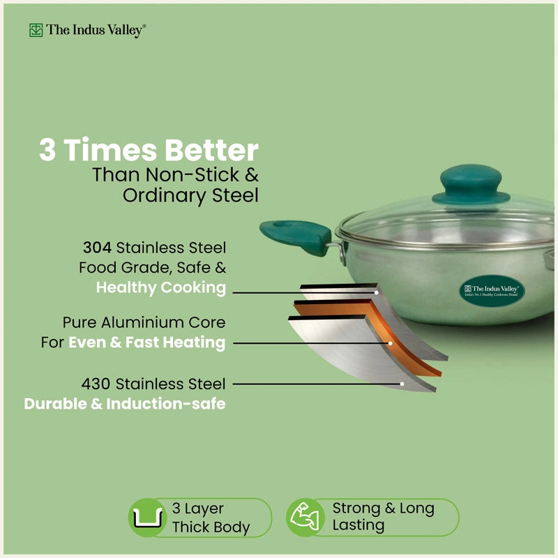 Premium Tri-ply Cookware Set: Kadai with Glass Lid(22cm)+ Frypan(22cm), Tri-ply (3 Layer) Bottom, Induction & Gas
