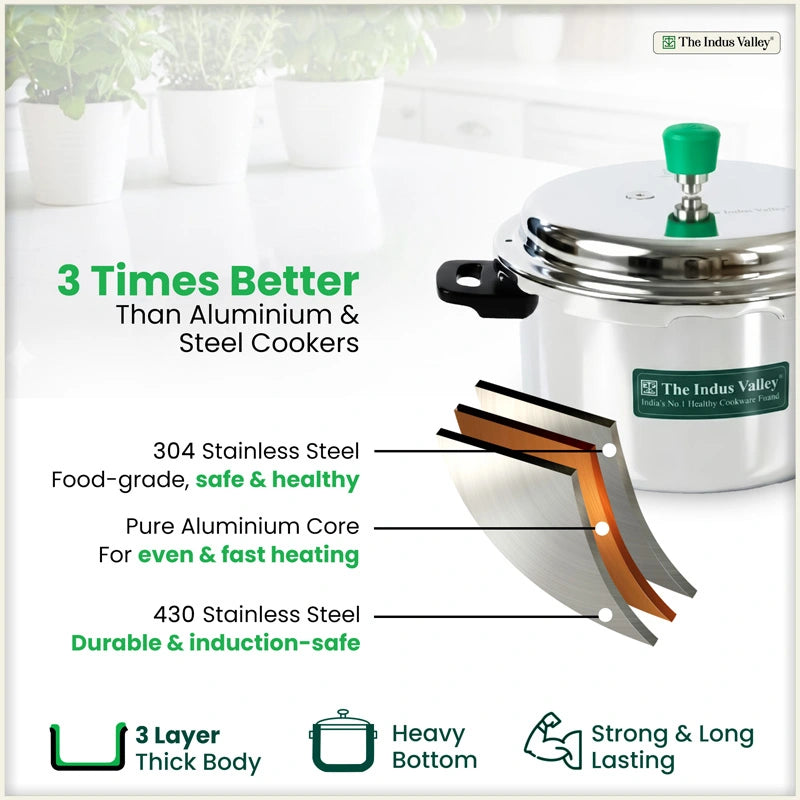 Premium Quality RapidCuk 3/5L Tri-Ply Stainless Steel Pressure Cooker for Kitchen, 100% Food-Safe, 3 Layer Thick Body, Heavy Bottom, 5 Yr Warranty, Induction & Gas
