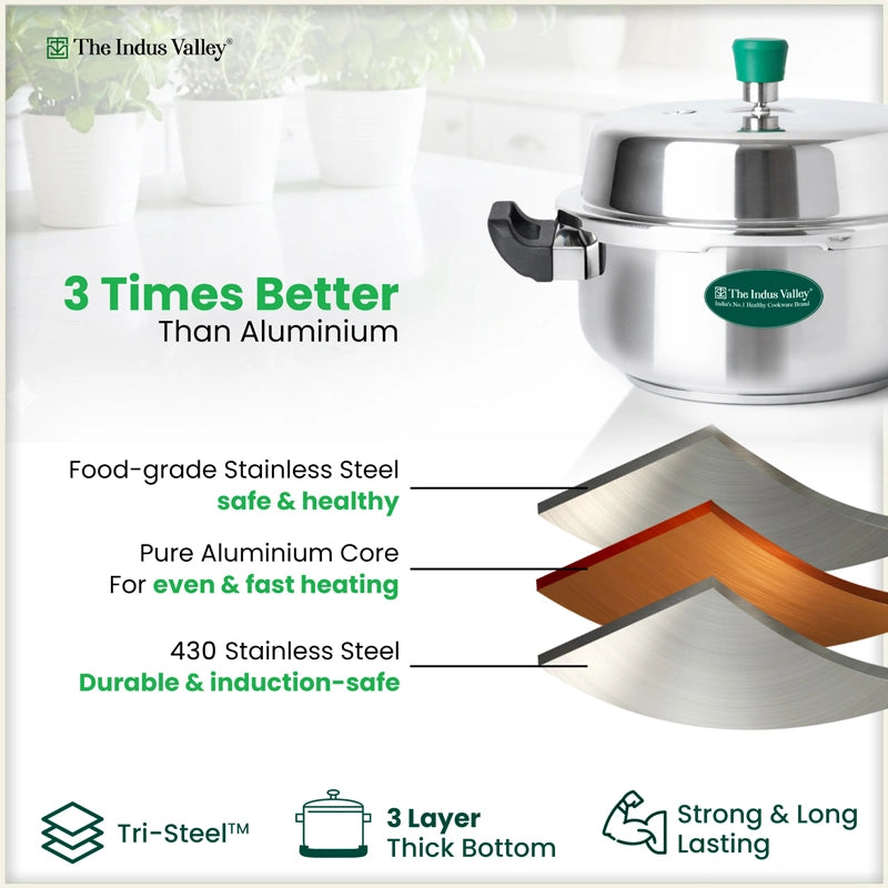 Premium Stainless Steel Outer Lid Pressure Pan 3/5L, Premium Quality, 3 Layer Heavy Bottom, 100% Food-safe, ISI Certified, 3 Yr Warranty, Induction & Gas