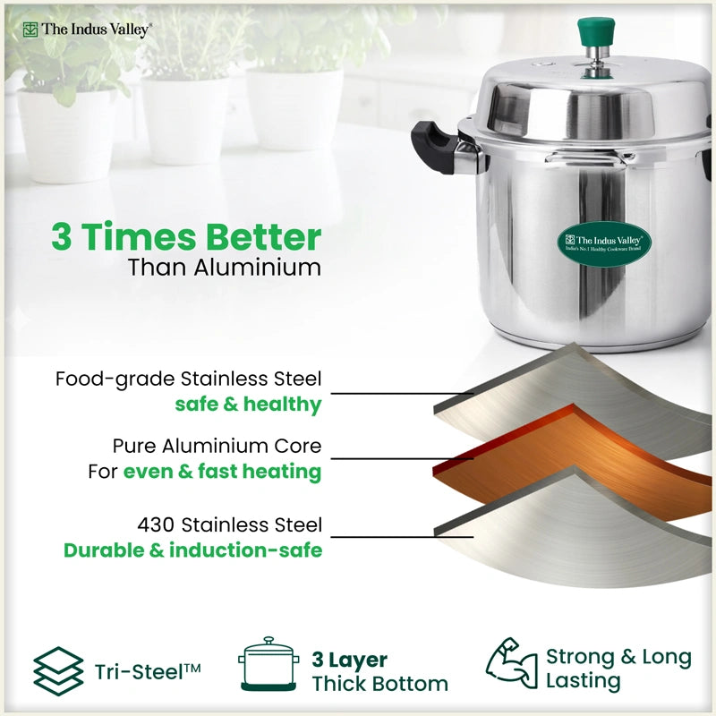 Premium Stainless Steel Outer Lid Pressure Cooker 8L, Premium Quality, Heavy Bottom, 100% Safe, ISI Certified, 3 Yr Warranty, Induction & Gas