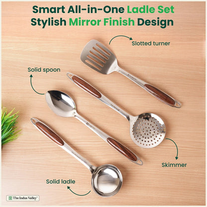Premium Stainless Steel Ladle Set with Woody Handle – Set of 4 | Solid Spoon, Slotted Turner, Skimmer & Ladle | Heat-Resistant, 100% Food-Safe, Rust-Free, Easy to Clean