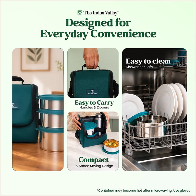 304 Stainless Steel Leakproof Lunch Box Set of 4 with 750ml Water Bottle | 450ml, 600ml & 750ml Containers