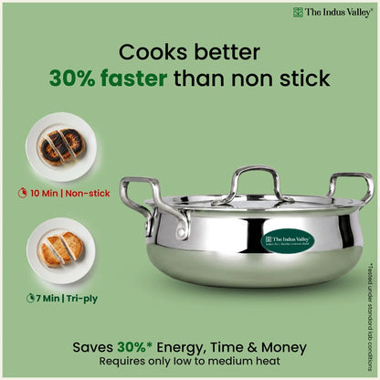 Tri-ply Stainless Steel Uruli with Steel Lid 24cm/28cm/32cm, 3 Layer Thick Body, 100% Toxin-free, Non-stick, Induction & Gas
