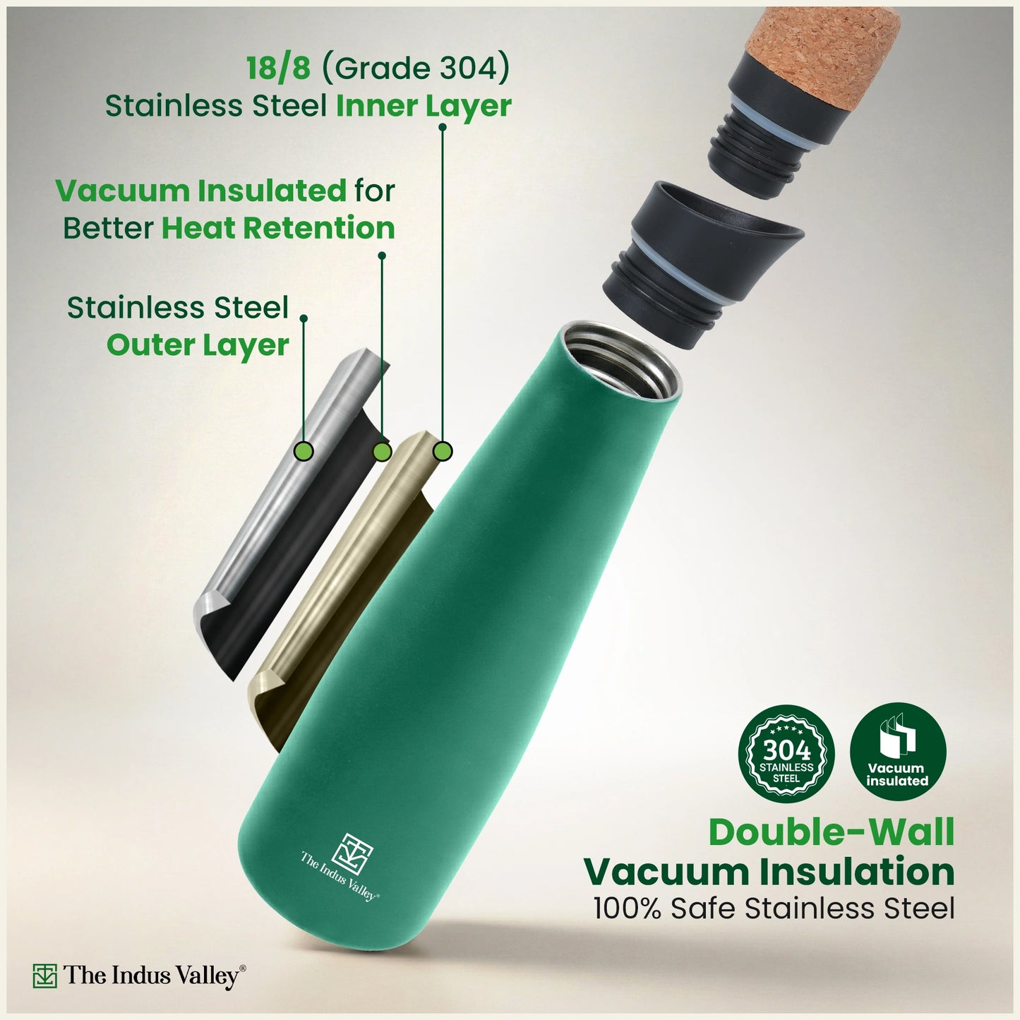 Stainless steel water bottles with cork lid 500 ml Set of 2 – Double Wall, Vacuum insulated, Hot & Cold