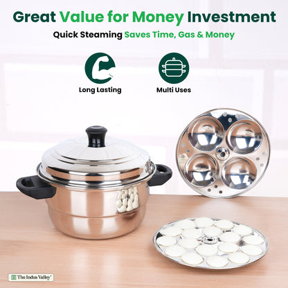 Premium Stainless Steel idlipot regular with mini idli plates-(3+1) Idli/ Momo Maker/  Veg Steaming Set, Tri-ply Induction Bottom, 4 Plates