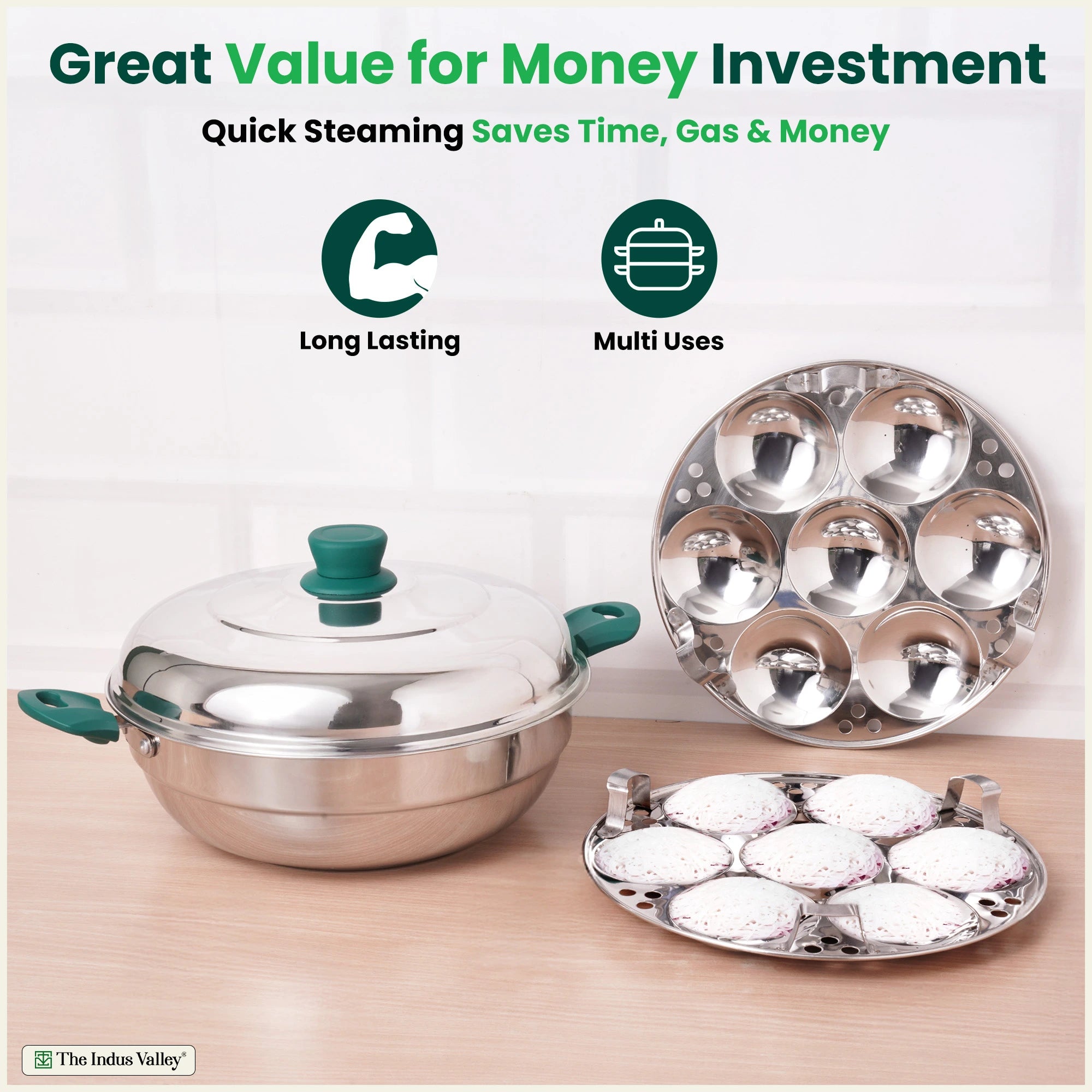 14 Pit Tri-Steel Multi Pot Premium Stainless Steel 27cm Idli/ Momo Maker/ Veg Steaming Set, Tri-ply Induction Bottom, 2 Plates